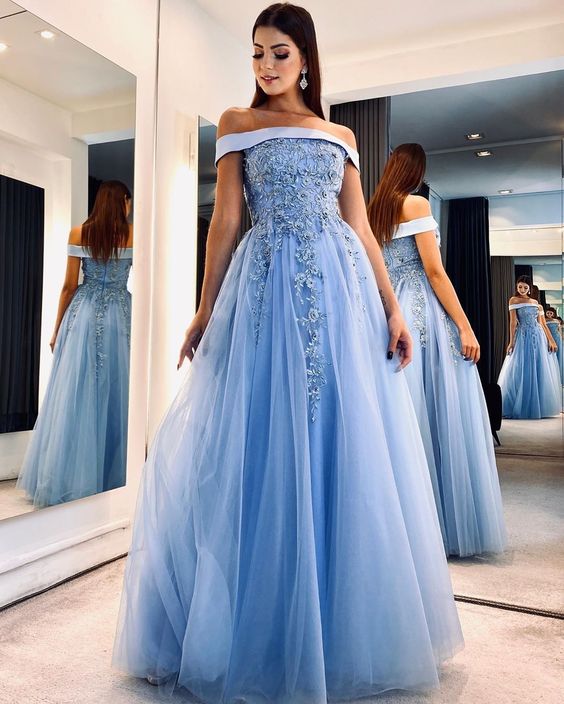 Powder Blue Tulle Off-Shoulder Embellished A-Line Prom Gown for Prom Nights, Fairytale Weddings & Garden Galas