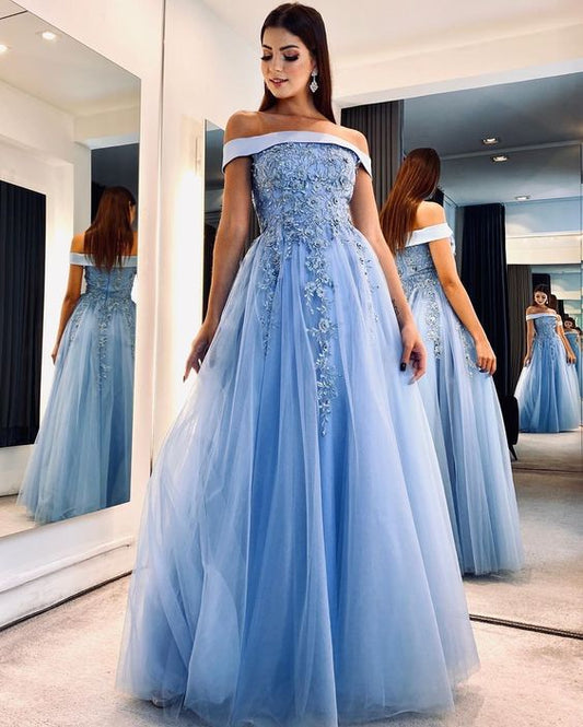 Powder Blue Tulle Off-Shoulder Embellished A-Line Prom Gown for Prom Nights, Fairytale Weddings & Garden Galas