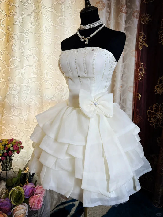 Princesscore White Strapless Beaded Bow Accent Tiered Ruffle Mini Evening Dresses for Homecoming & Birthday Parties