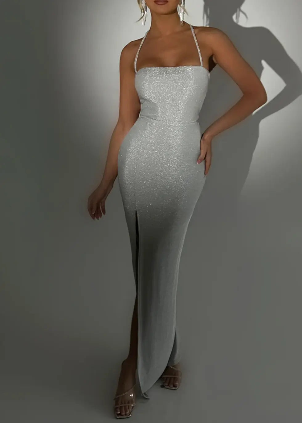 Radiant Mermaid Square Neck Crisscross Back Ruched High-Slit Maxi Party Dress