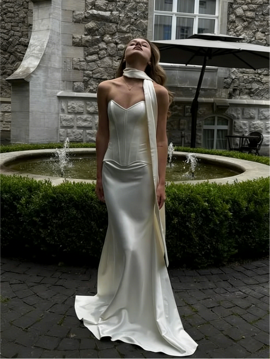 Regal Ivory Satin Strapless Sweetheart Corset Bodice Scarf Accent Mermaid Wedding Dress with Lace-Up Back & Subtle Train