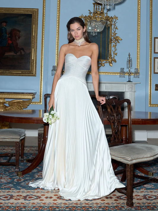 Regal Ivory Satin Strapless Sweetheart Neckline Ruched Bodice Full-Pleated A-Line Wedding Dress with Subtle Train