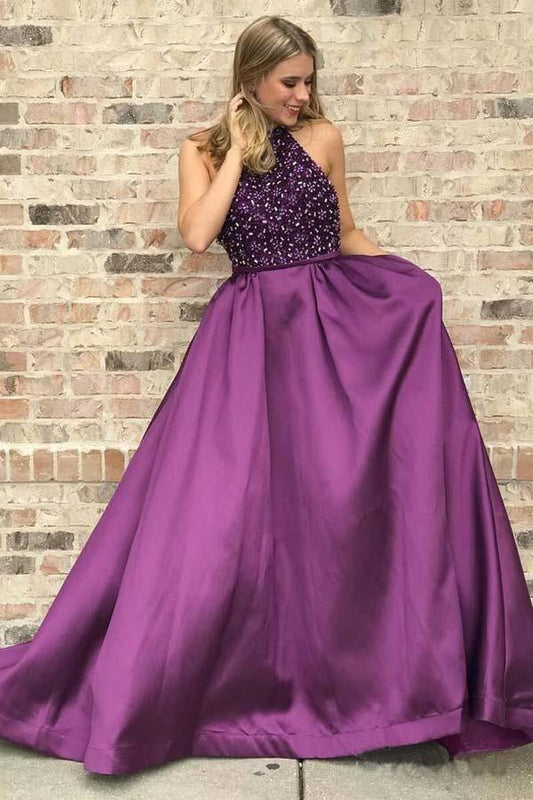Regal ball gown halter-neck beaded bodice open-back satin prom dress