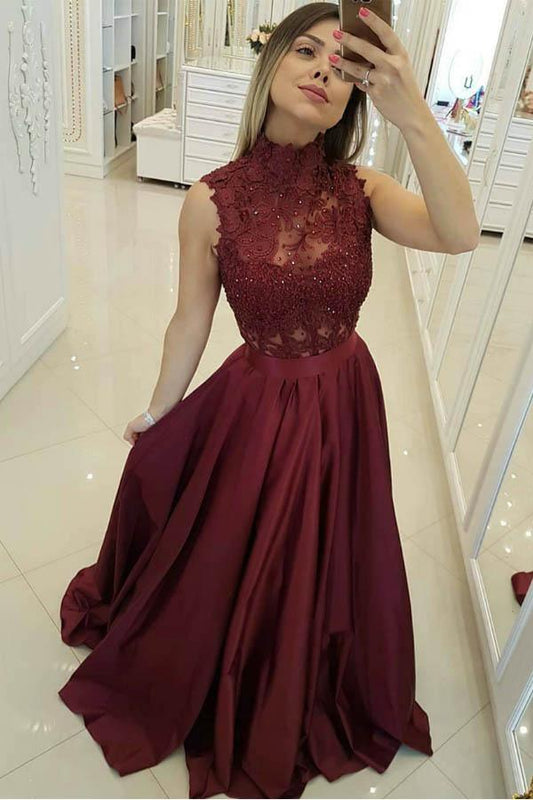Regal ball gown high-neck lace cap-sleeve lace-up-back satin prom gown