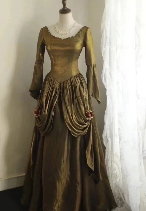 Renaissance-Inspired Antique Gold Taffeta Square Neck Bell Sleeve Ball Gown Evening Dresses with 3D Floral Embellishments for Historical Themed Events & Medieval Galas