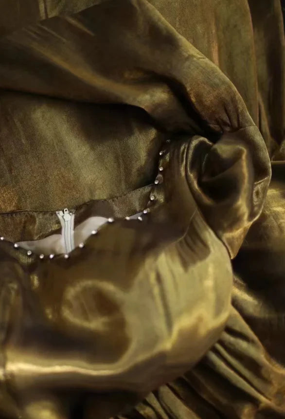 Renaissance-Inspired Antique Gold Taffeta Square Neck Bell Sleeve Ball Gown Evening Dresses with 3D Floral Embellishments for Historical Themed Events & Medieval Galas