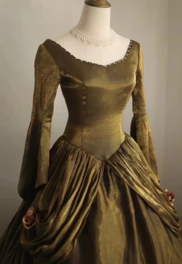 Renaissance-Inspired Antique Gold Taffeta Square Neck Bell Sleeve Ball Gown Evening Dresses with 3D Floral Embellishments for Historical Themed Events & Medieval Galas