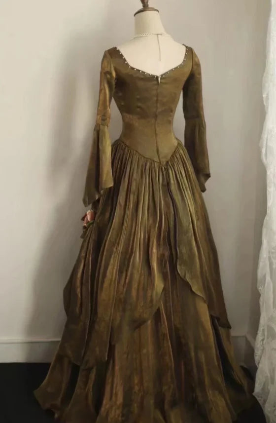 Renaissance-Inspired Antique Gold Taffeta Square Neck Bell Sleeve Ball Gown Evening Dresses with 3D Floral Embellishments for Historical Themed Events & Medieval Galas