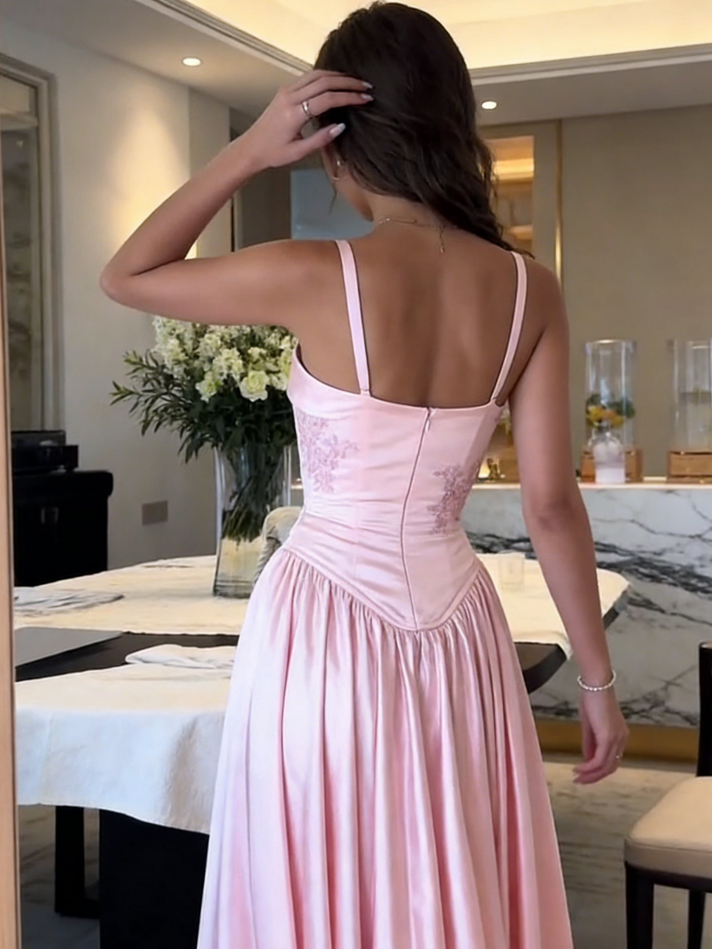 Romantic Blush Pink Satin Ball Gown Evening Dress for Prom, Wedding Guests & Cocktail Events