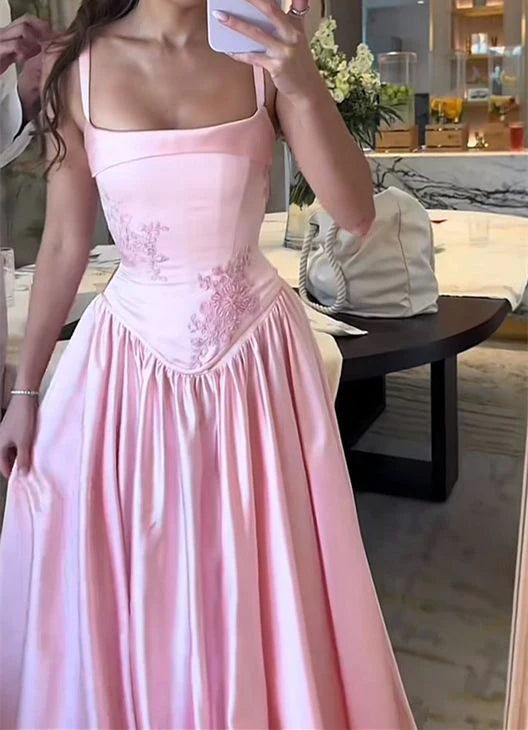 Romantic Blush Pink Satin Ball Gown Evening Dress for Prom, Wedding Guests & Cocktail Events