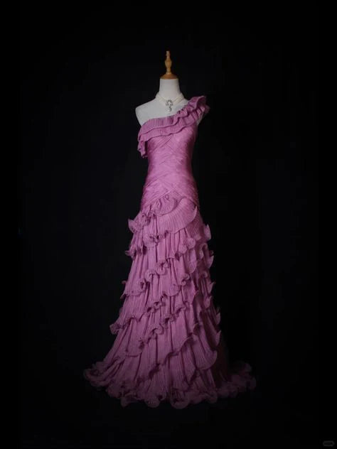 Romantic Dusty Lilac Pleated Chiffon One-Shoulder Ruffle Mermaid Evening Dresses with Train for Garden Weddings & Formal Galas