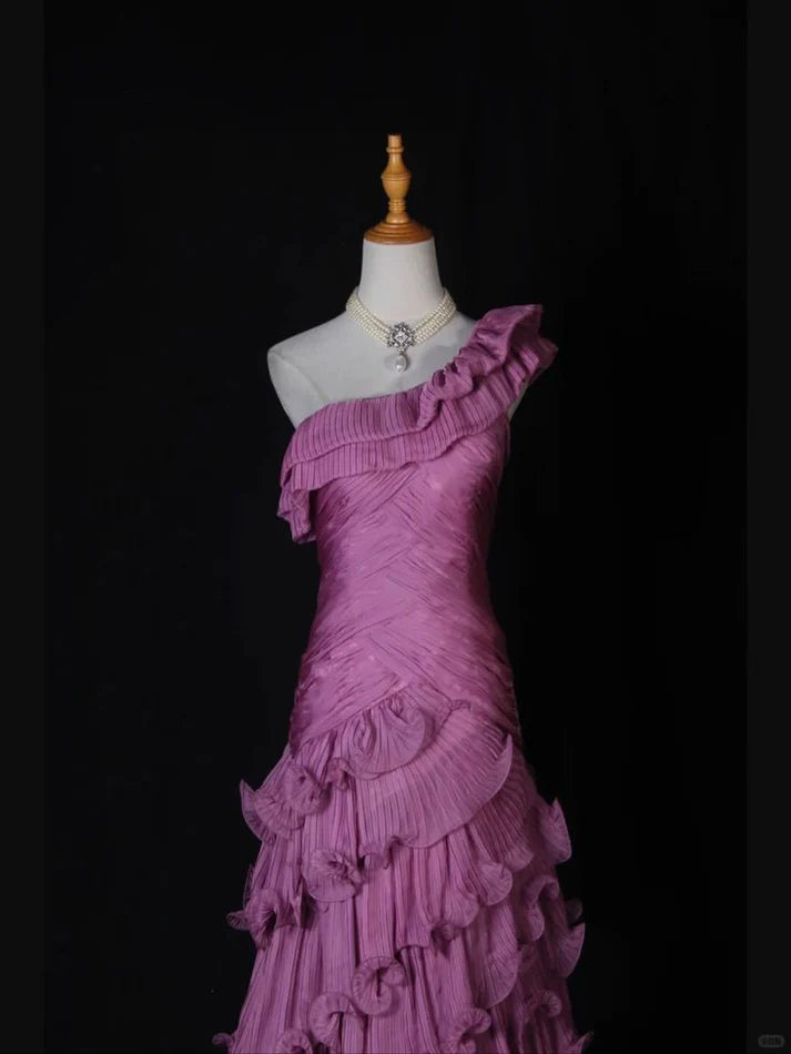 Romantic Dusty Lilac Pleated Chiffon One-Shoulder Ruffle Mermaid Evening Dresses with Train for Garden Weddings & Formal Galas
