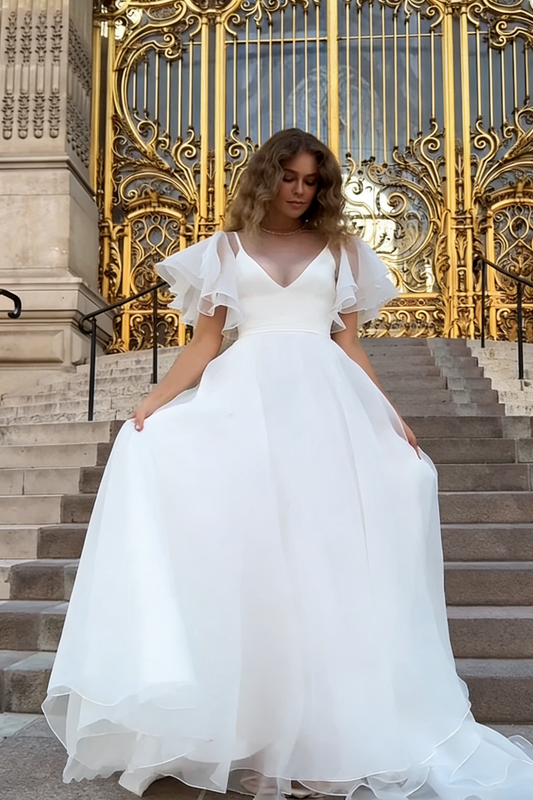 Romantic Ivory Chiffon Deep V-Neck Sheer Ruffled Short Sleeve Open-Back A-Line Wedding Dress with Flowing Train