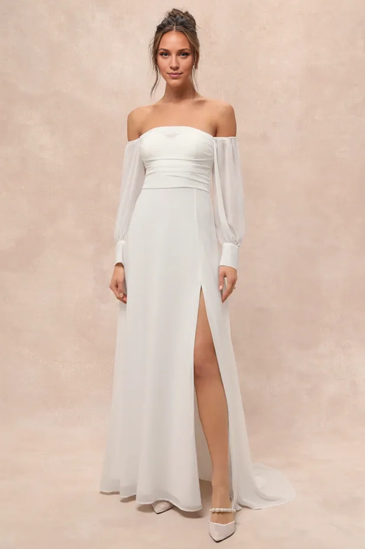 Romantic Ivory Chiffon Off-the-Shoulder Sheer Puff Sleeve Ruched Bodice High-Slit A-Line Wedding Dress with Pearl-Button Back & Subtle Train