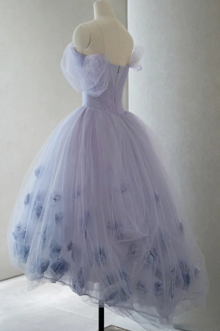 Romantic Lilac Tulle Off-the-Shoulder 3D Floral Embellished Tea-Length Ball Gown Evening Dresses for Cocktail Parties & Garden Events