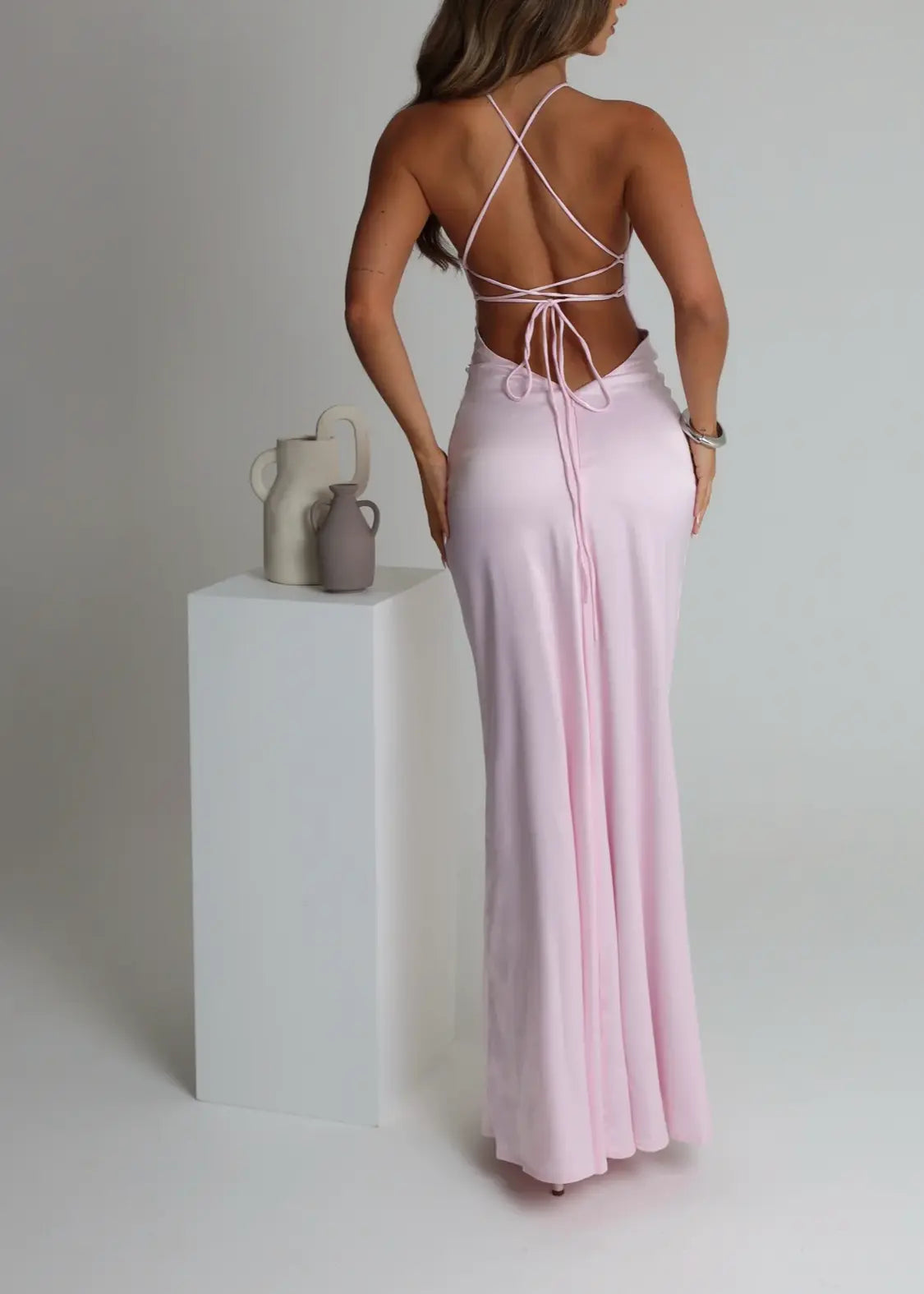 Romantic Mermaid Halter Square Neck Crisscross Back Satin Maxi Party Dress
