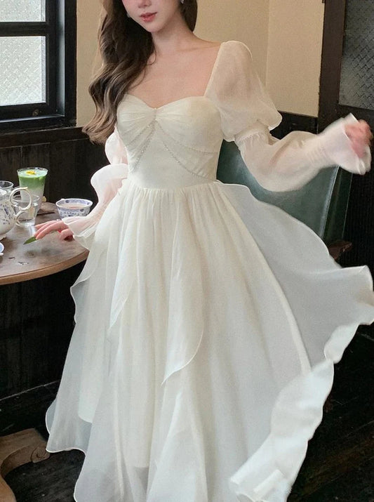 Romantic Off-the-Shoulder Puff-Sleeve Tulle Evening Dress for Garden Weddings, Bridal Showers & Tea Parties