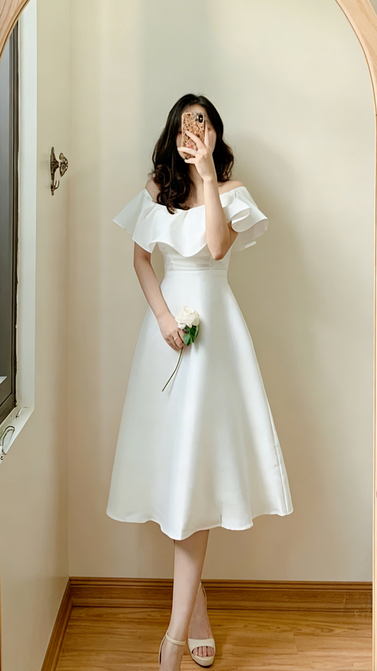 Romantic Off-the-Shoulder Ruffle Satin A-Line Tea-Length Dress for Bridal Shower & Cocktail Events
