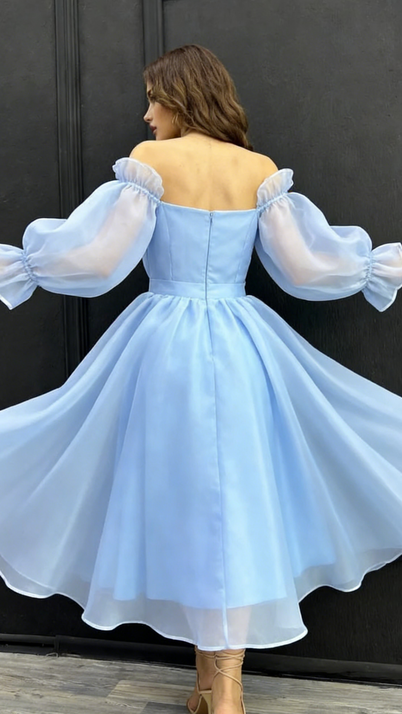 Romantic Sky Blue Organza Off-the-Shoulder Puff Sleeve A-Line Midi Evening Dresses for Garden Weddings & Cocktail Parties