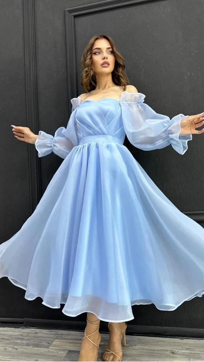 Romantic Sky Blue Organza Off-the-Shoulder Puff Sleeve A-Line Midi Evening Dresses for Garden Weddings & Cocktail Parties