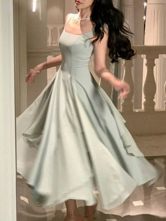 Romantic Square Neck Spaghetti Strap Tiered Chiffon A-Line Floor-Length Evening Dress for Cocktail & Wedding Events