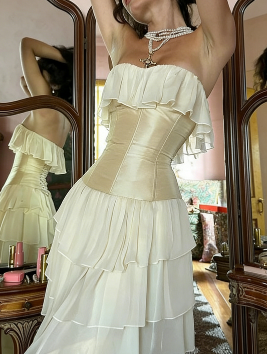 Romantic Strapless Tiered Ruffle Satin Chiffon Lace-Up Floor-Length Evening Dress for Wedding & Gala Events