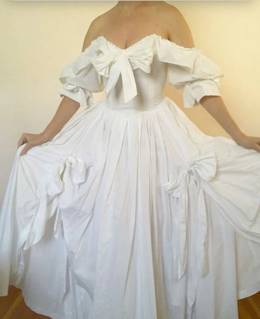 Romantic Victorian-Inspired Off-the-Shoulder Ball Gown for Vintage Weddings, Garden Parties & Themed Events
