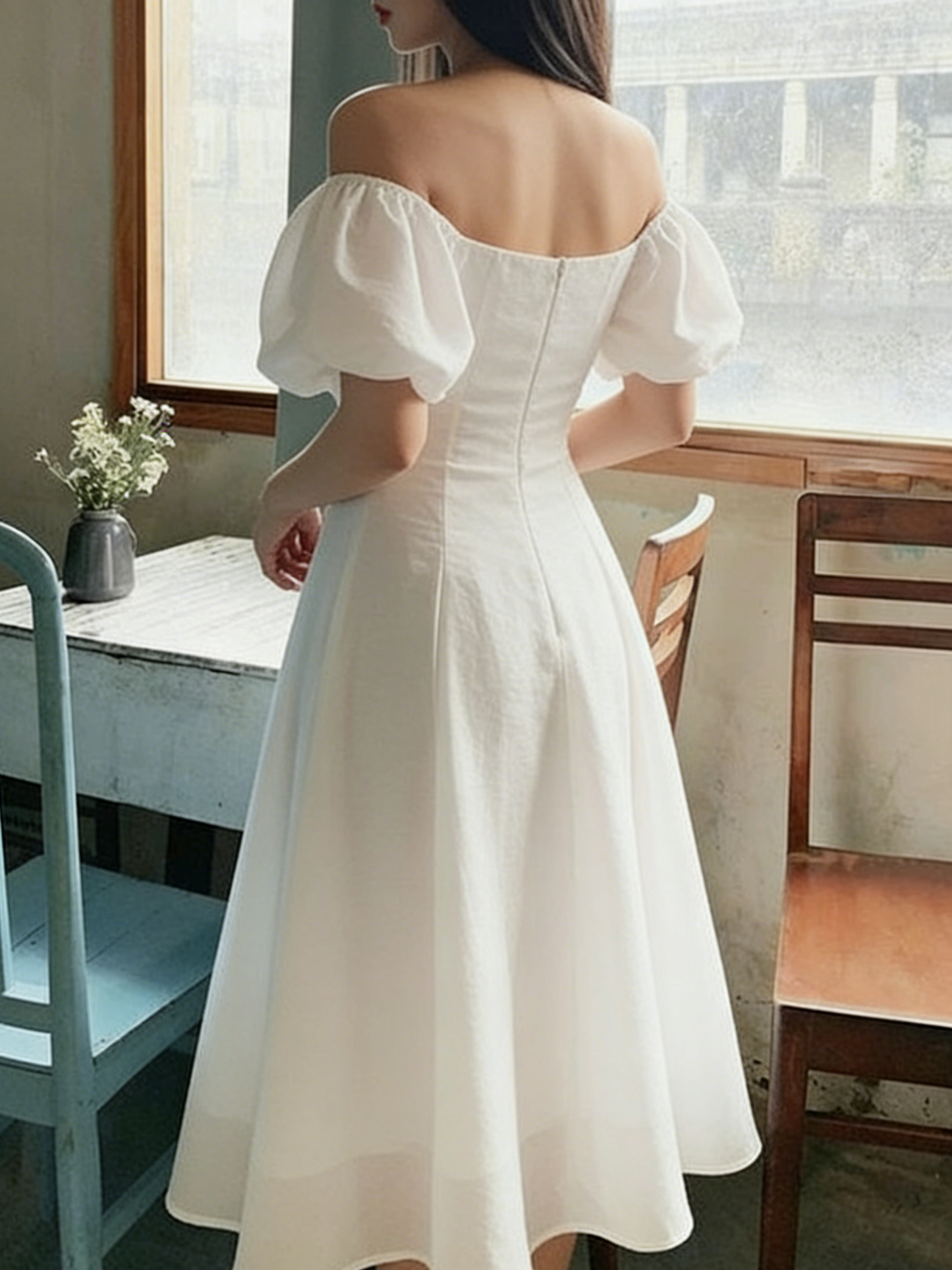 Romantic White Linen Off-the-Shoulder Puff Sleeve Twist-Front A-Line Midi Prom Dresses with Back Zipper for Garden Weddings & Summer Galas
