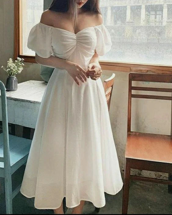 Romantic White Linen Off-the-Shoulder Puff Sleeve Twist-Front A-Line Midi Prom Dresses with Back Zipper for Garden Weddings & Summer Galas