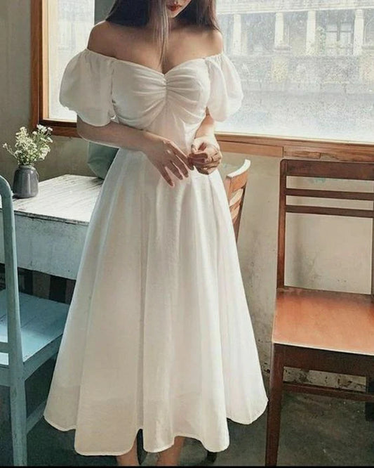 Romantic White Linen Off-the-Shoulder Puff Sleeve Twist-Front A-Line Midi Prom Dresses with Back Zipper for Garden Weddings & Summer Galas