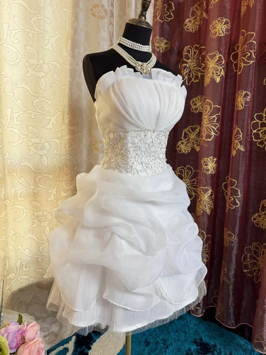Romantic White Strapless Beaded Waist Tiered Ruffle Mini Evening Dresses for Homecoming & Bridal Events