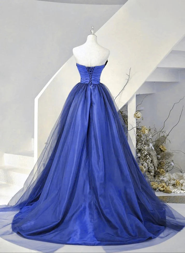 Royal Blue Strapless Ruched Bodice Asymmetric Ball Gown with Train for Prom Nights, Gala Dinners & Fairytale Weddings