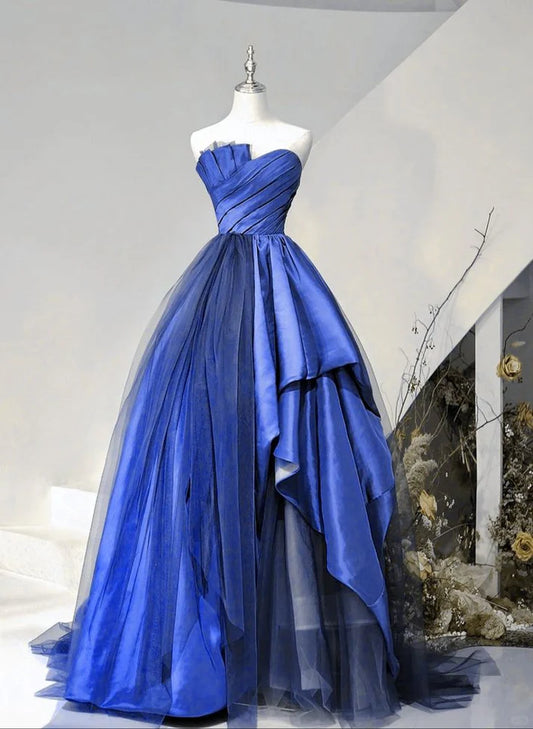 Royal Blue Strapless Ruched Bodice Asymmetric Ball Gown with Train for Prom Nights, Gala Dinners & Fairytale Weddings