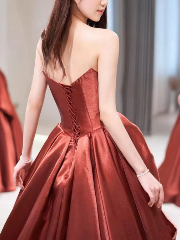 Rust Red Satin Strapless Oversized Bow Ball Gown for Fall Weddings, Prom Nights & Formal Galas