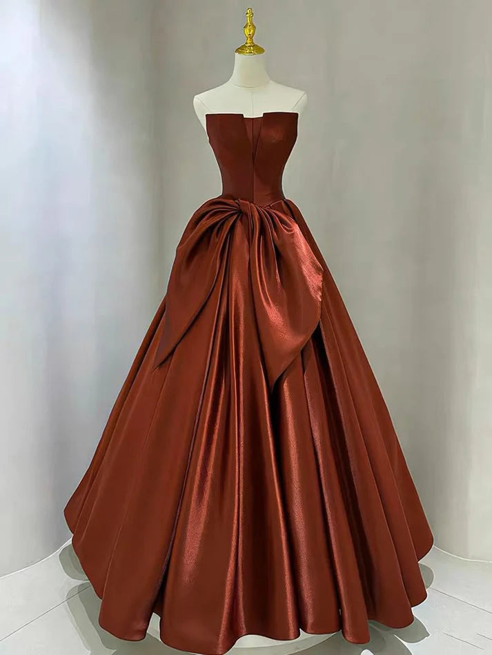 Rust Red Satin Strapless Oversized Bow Ball Gown for Fall Weddings, Prom Nights & Formal Galas