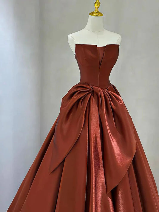 Rust Red Satin Strapless Oversized Bow Ball Gown for Fall Weddings, Prom Nights & Formal Galas