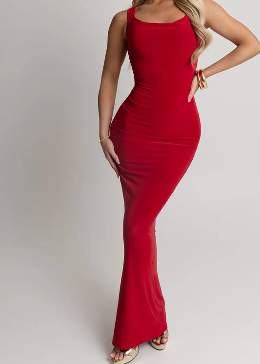 Satin Fitted Halter-Neck Open-Back Bow Maxi Party Dress
