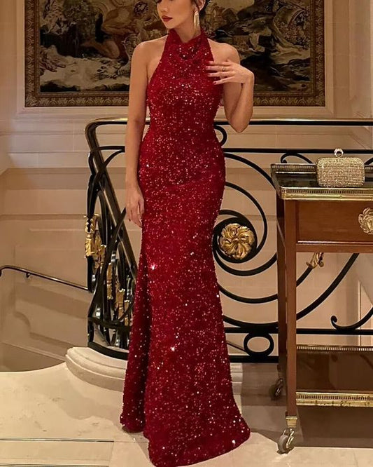 Scarlet Red Sequin Halter Mermaid Evening Dress for Red-Carpet Events, Gala Dinners & New Year’s Eve Parties