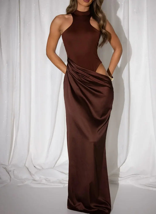 Sleek Halter Mock Neck Cut-Out Satin Maxi Formal Party Dress