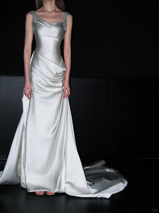Sleek Ivory Satin Sleeveless Asymmetric Ruched Bodice Deep Open-Back A-Line Wedding Dress with Dramatic Train