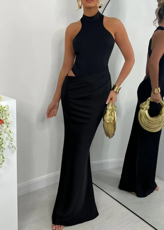 Sleek Mermaid Mock Neck Halter Cut-Out Satin Maxi Party Dress