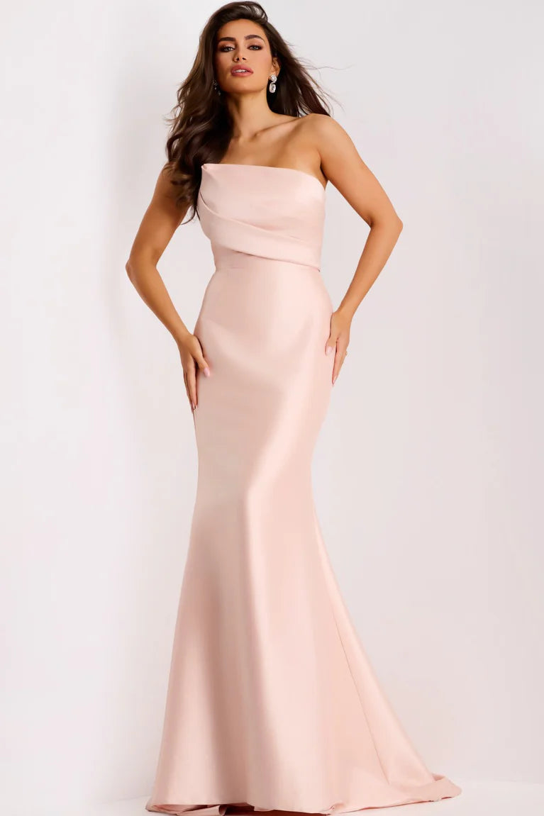Sleek Satin Strapless Draped Back Fitted Mermaid Train-Length Mother of the Bride Dress
