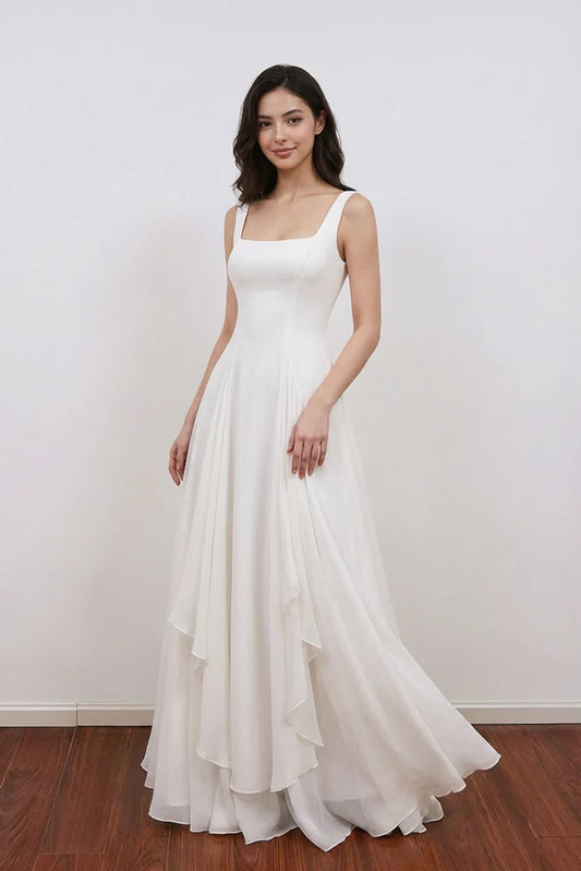 Square Neck Chiffon Sleeveless A-Line High Slit Floor-Length Prom Dress