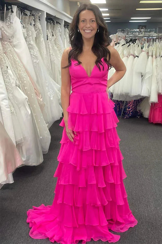 V-Neck Spaghetti Straps Ruffle Tiered Floor-Length Prom Dress