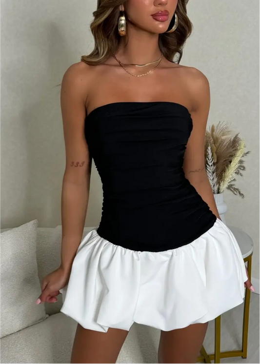 Stylish Strapless Ruched Contrast-Ruffle Mini Party Dress for Night Events