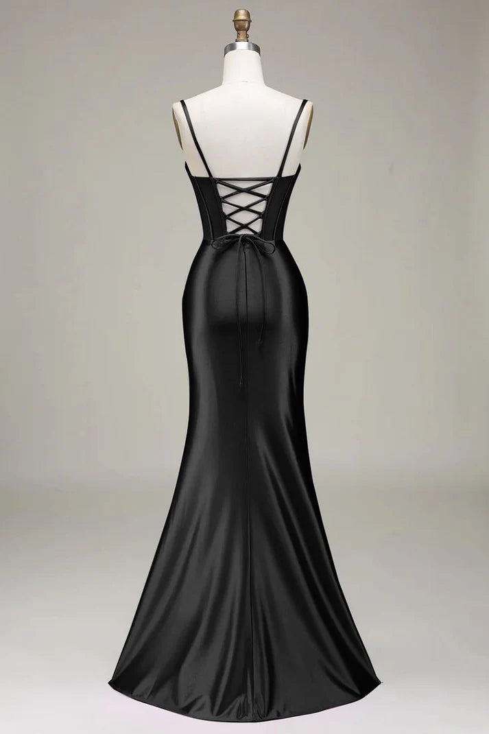 Sultry Black Cowl Neck Spaghetti Strap Boned Satin Twist High Slit Lace-Up Back Mermaid Floor-Length Evening Dress for Prom & Gala Events