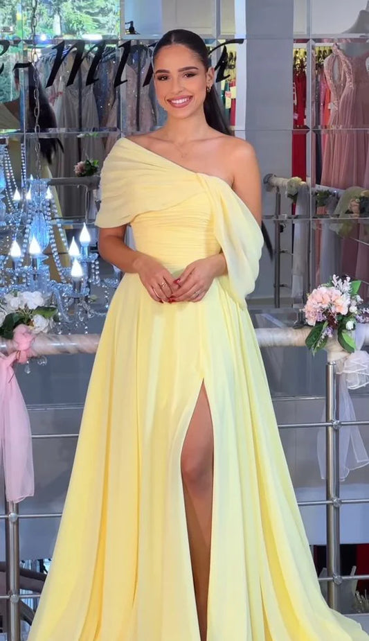Sunny One-Shoulder Draped Chiffon Slit A-Line Floor-Length Evening Dress for Prom & Gala Events