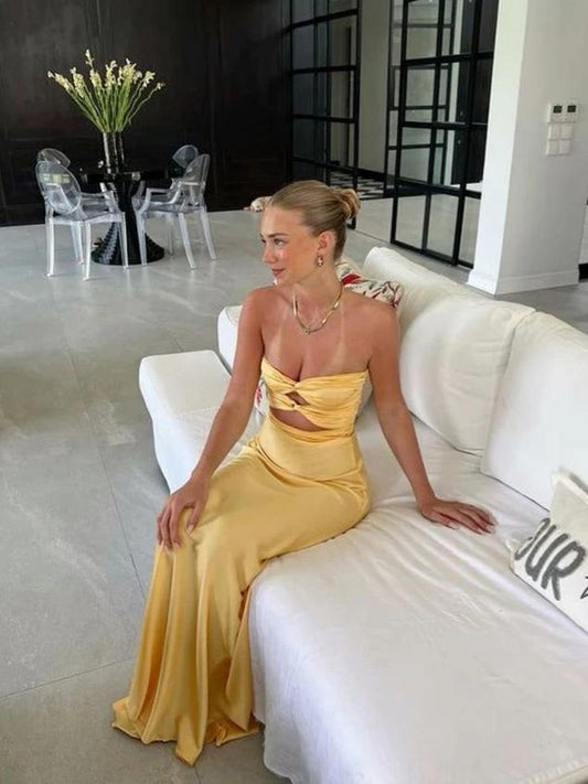 Sunny Strapless Cut-Out Satin Mermaid Evening Dress for Cocktail Events, Summer Galas & Wedding Guest Appearances