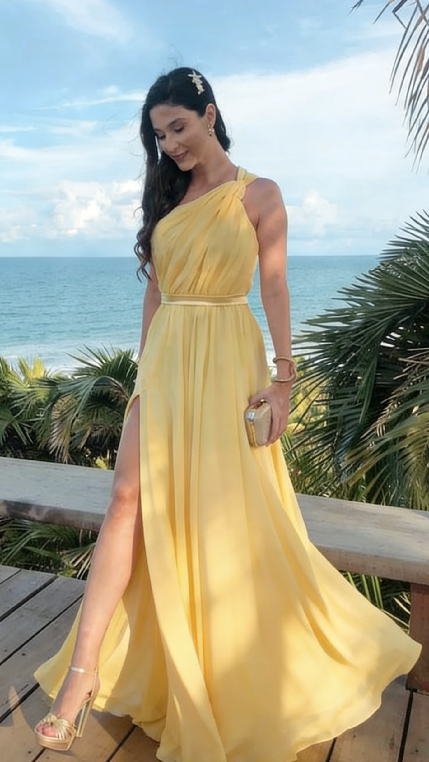 Sunny Yellow Chiffon One-Shoulder Ruched Bodice High Slit A-Line Floor-Length Evening Dresses for Beach Weddings & Destination Events