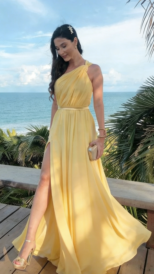 Sunny Yellow Chiffon One-Shoulder Ruched Bodice High Slit A-Line Floor-Length Evening Dresses for Beach Weddings & Destination Events